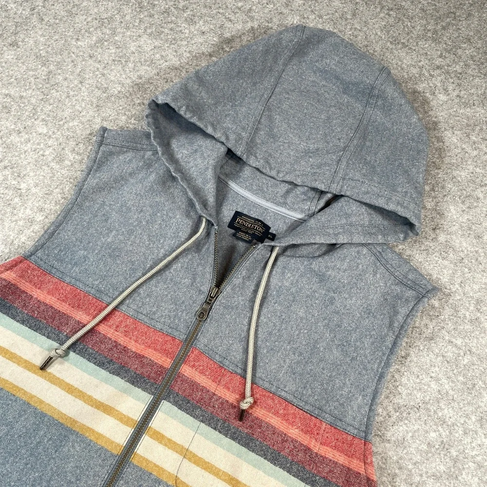 Pendleton Mens Hooded Vest XL Virgin Wool Striped Full Zip Blue
